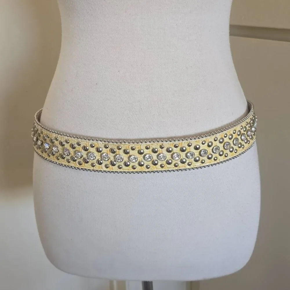 Ladies Western Rhinestone Horseshoe Bkl Yellow/Slvr Genuine Leather Belt, New ML